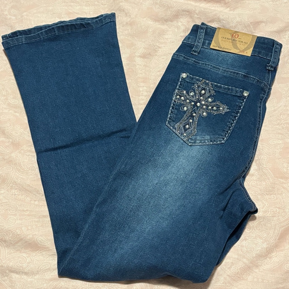 NWT Our Republic For All Medium Blue High Rise Boot Cut Jeans Rhinestone Studded